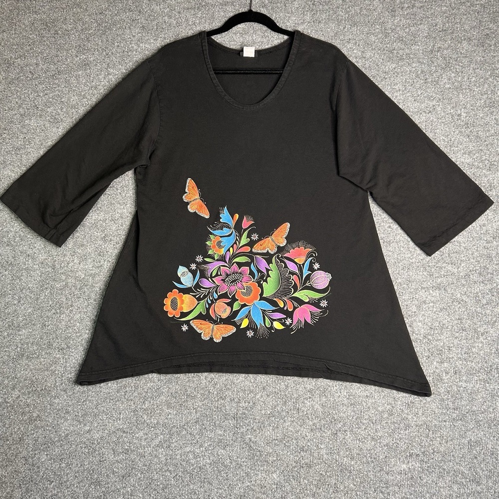 Vintage Sabaku Tunic Top‎ Size Medium Floral Butterflies V Neck Black